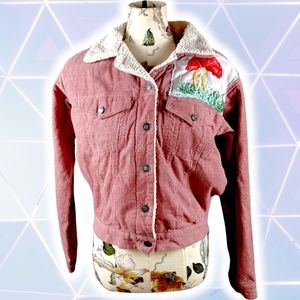 Small medium pink corduroy bomber jacket upcycled with hand embroidered mushroom